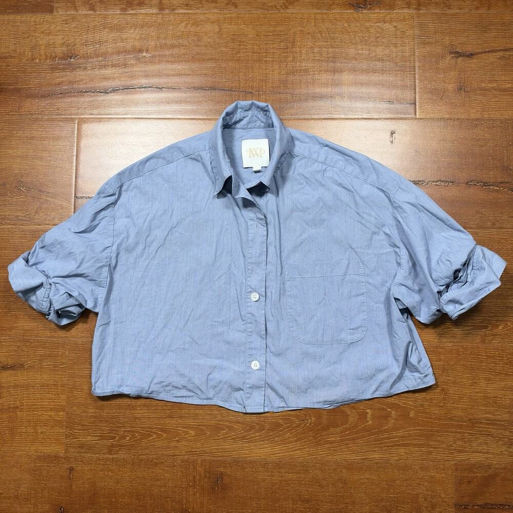 TWP Next Ex Button Up Cropped Shirt XS/S Blue Oversized Boxy Roll Cuff USA City